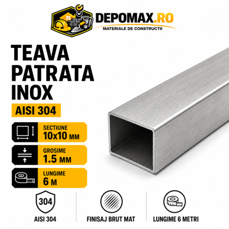 Teava patrata inox AISI 304, 10 x 10 x 1.5 mm, 6 metri